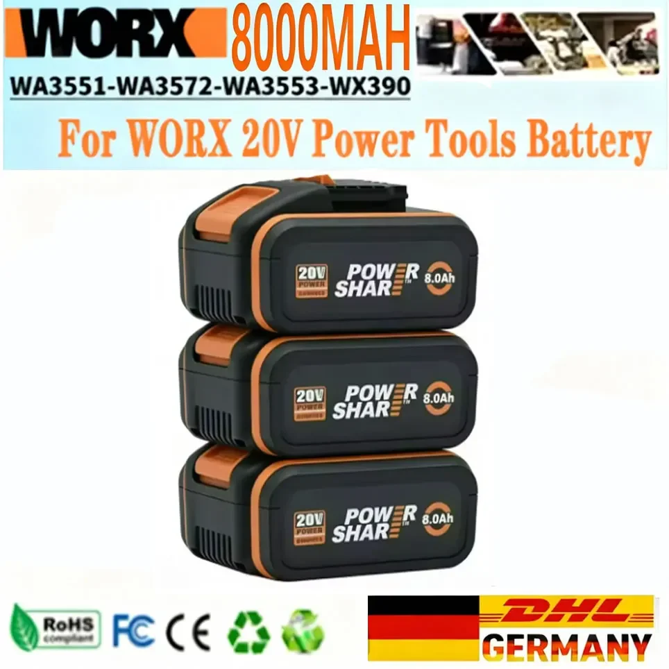 Batteria al litio ricaricabile Worx 20V 8.0Ah WA3553 WA3551 WA3553.1 WA3570 per tutti gli utensili elettrici e da giardino WORX