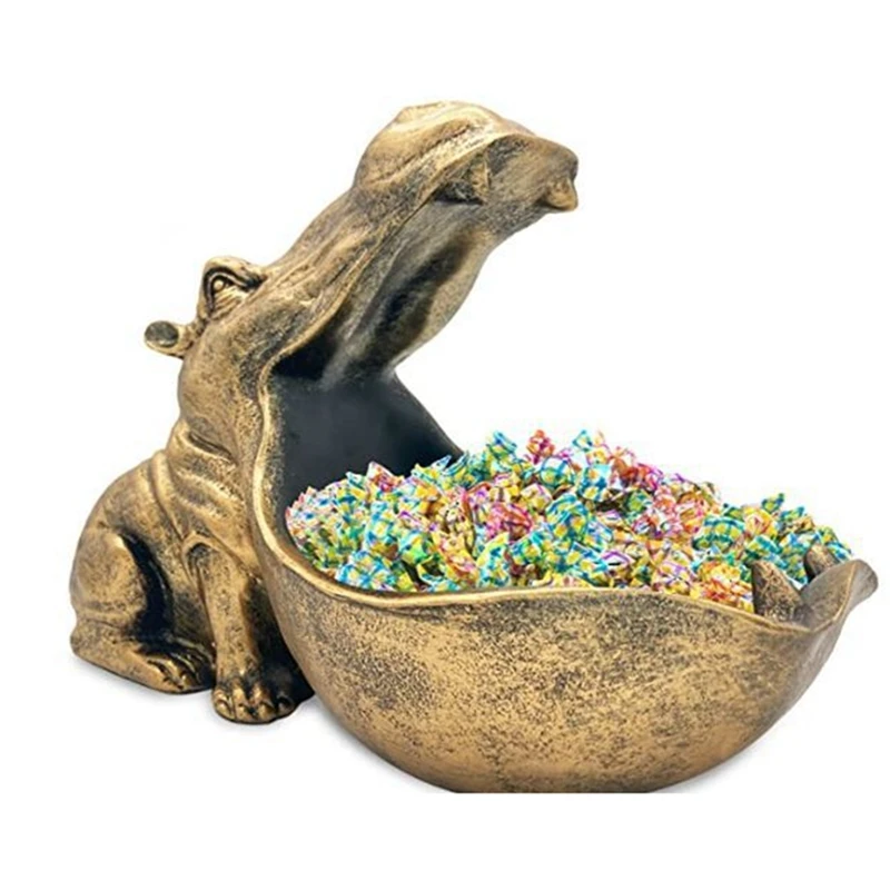 Hippo Figurine Candy Dish Unique Resin Hippopotamus Statue For Office & Entry Table Decor Gold