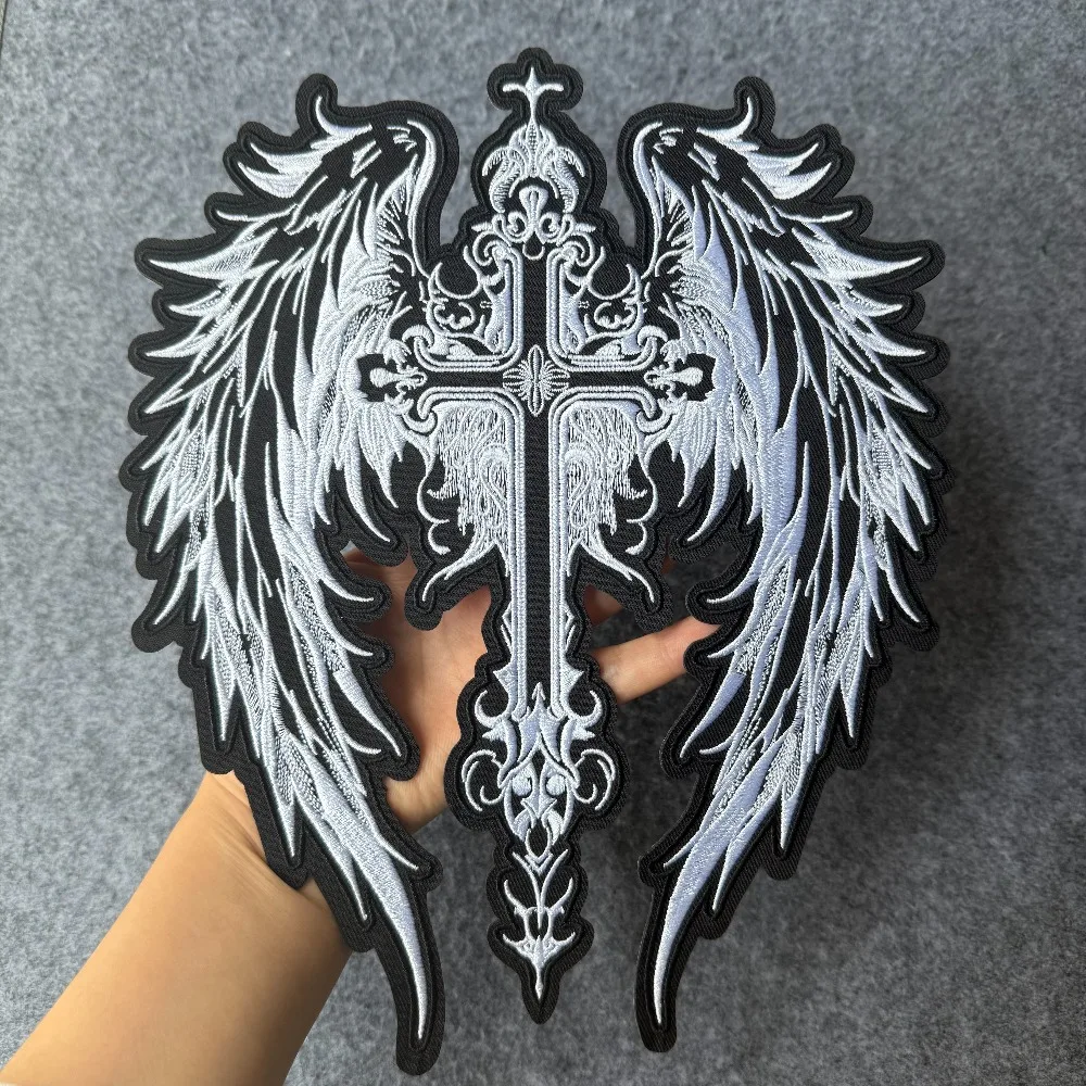 Gothic Angel Wing Cross Large Embroidered Patch Vintage Winged Cross Iron on Patch for Jacket Vest Backpack Clothing Decor