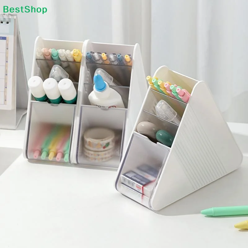 〔Q〕Plastic Slanted Pen Holder Multi Compartments Clear Slots Perfect For Home Office School Study Desk Use