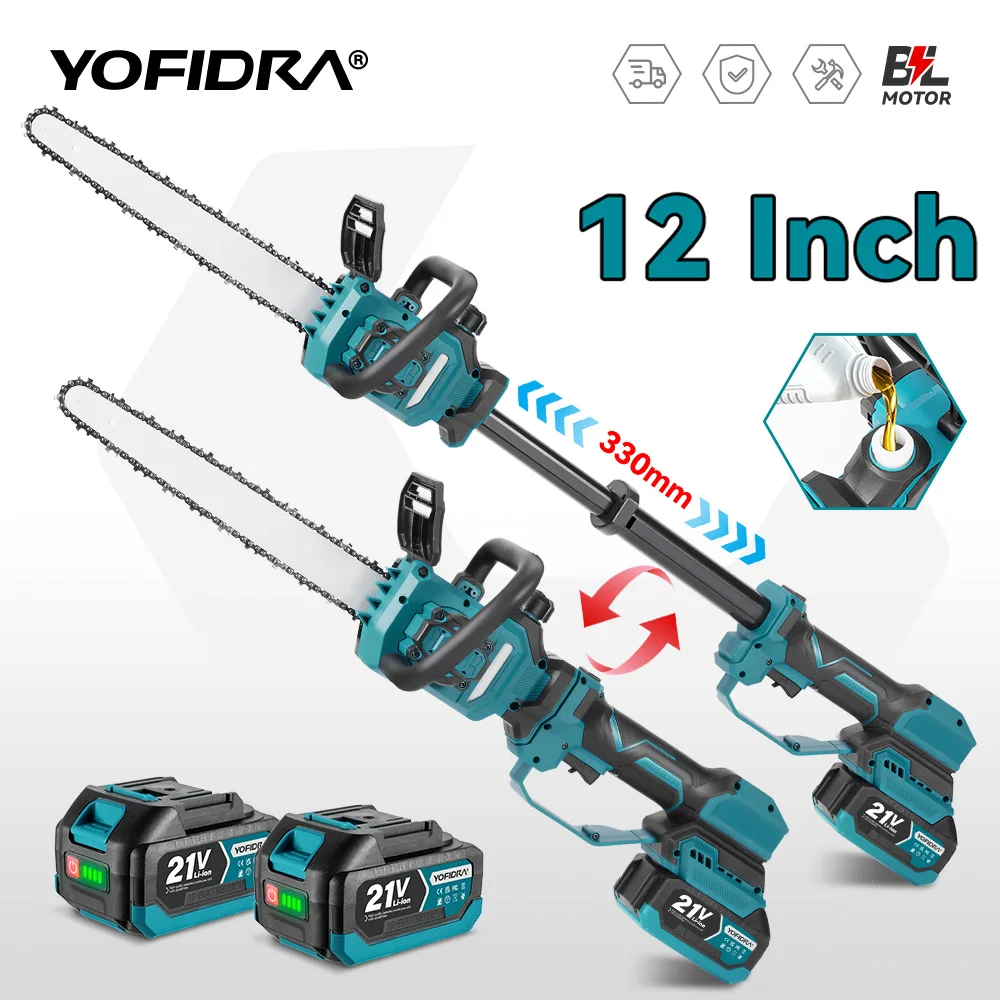 YOFIDRA 12 Zoll 7000W Bürstenlose Kettensäge Ausziehbare Handgeführte Astsäge Garten-Schneidwerkzeuge für Makita Akku