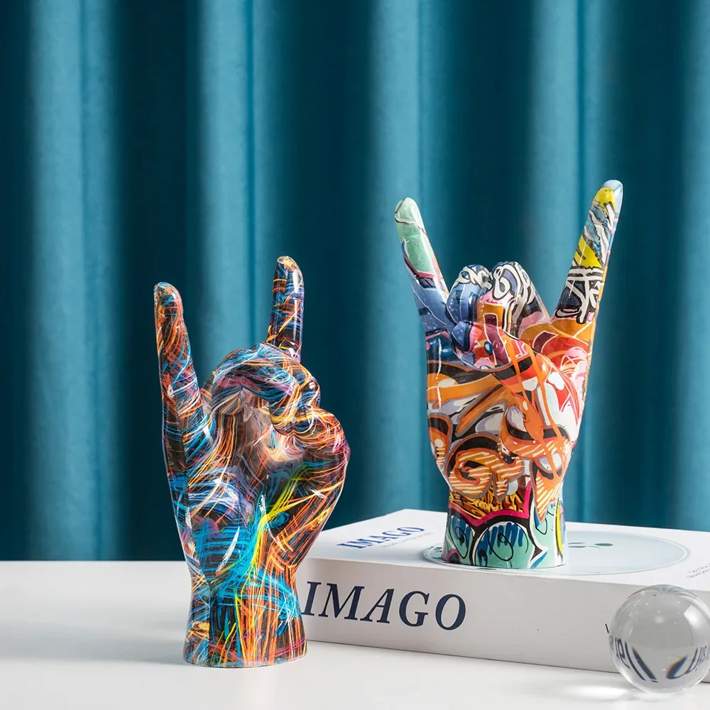 Hand Gesture Statue Graffiti Hand Sculpture Rock and Roll Gesture Figurines for Home Decoration Modern Pop Art Music Fans Gifts