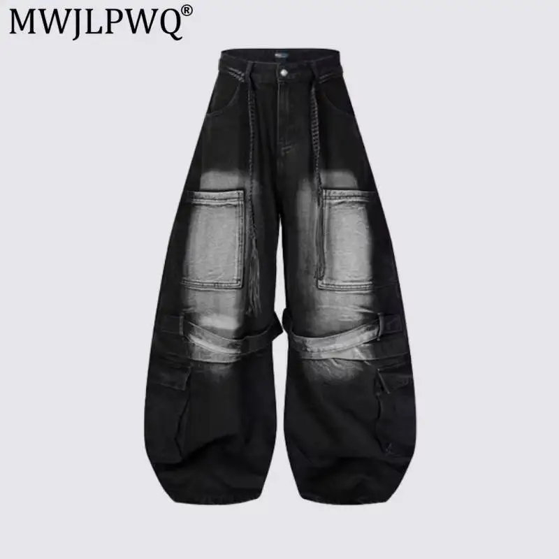 MWJLPWQ American-Style High Street Gradient Distressed Work Multiple Pockets Woven Drawstring Wide-Leg Jeans Autumn Trendy 20020