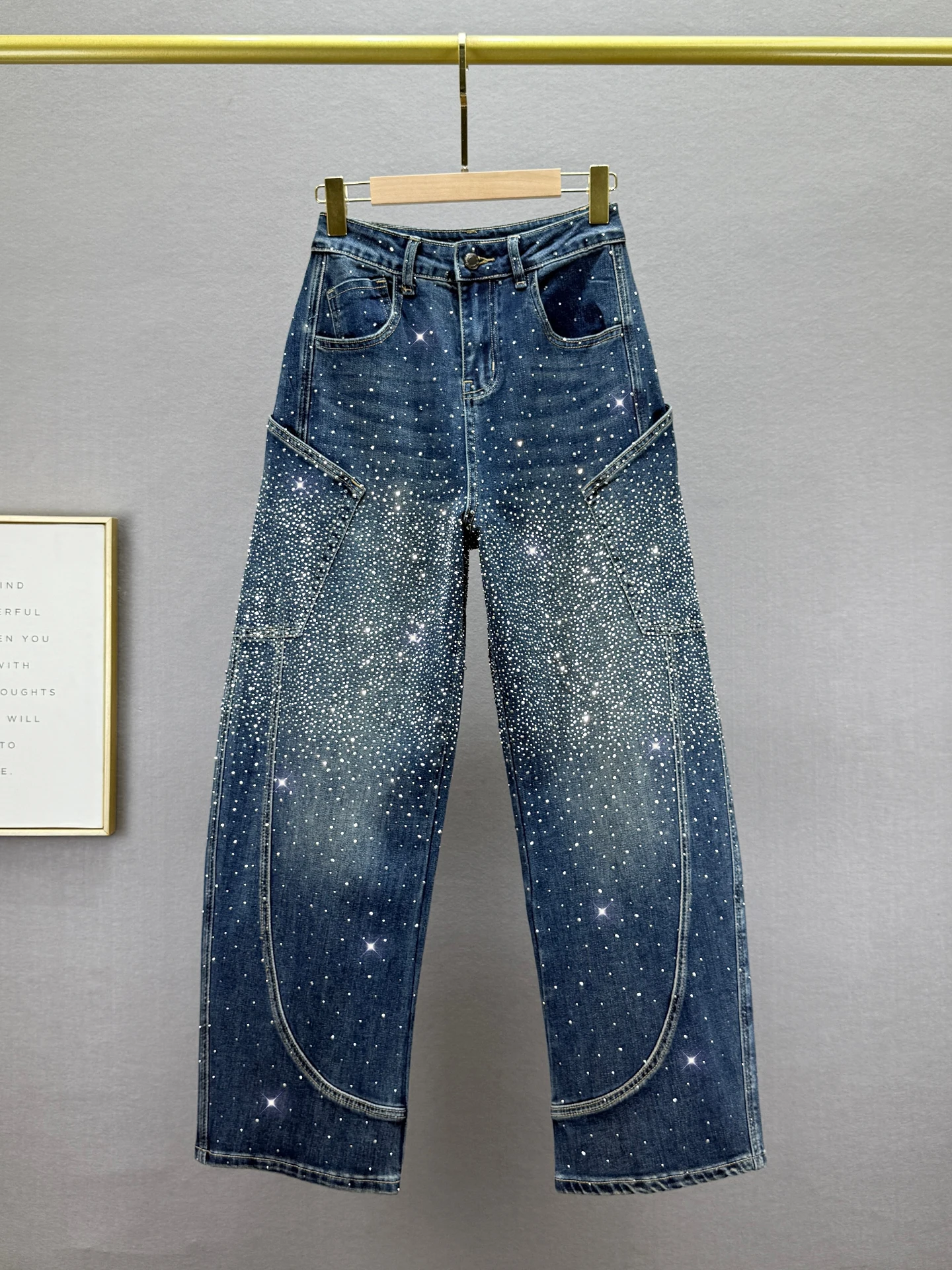 

High Waist Loose Fit Slimming Knife Jeans Women's Denim Pants Autumn New Sle European Sle Diamond Embellied Cotton...