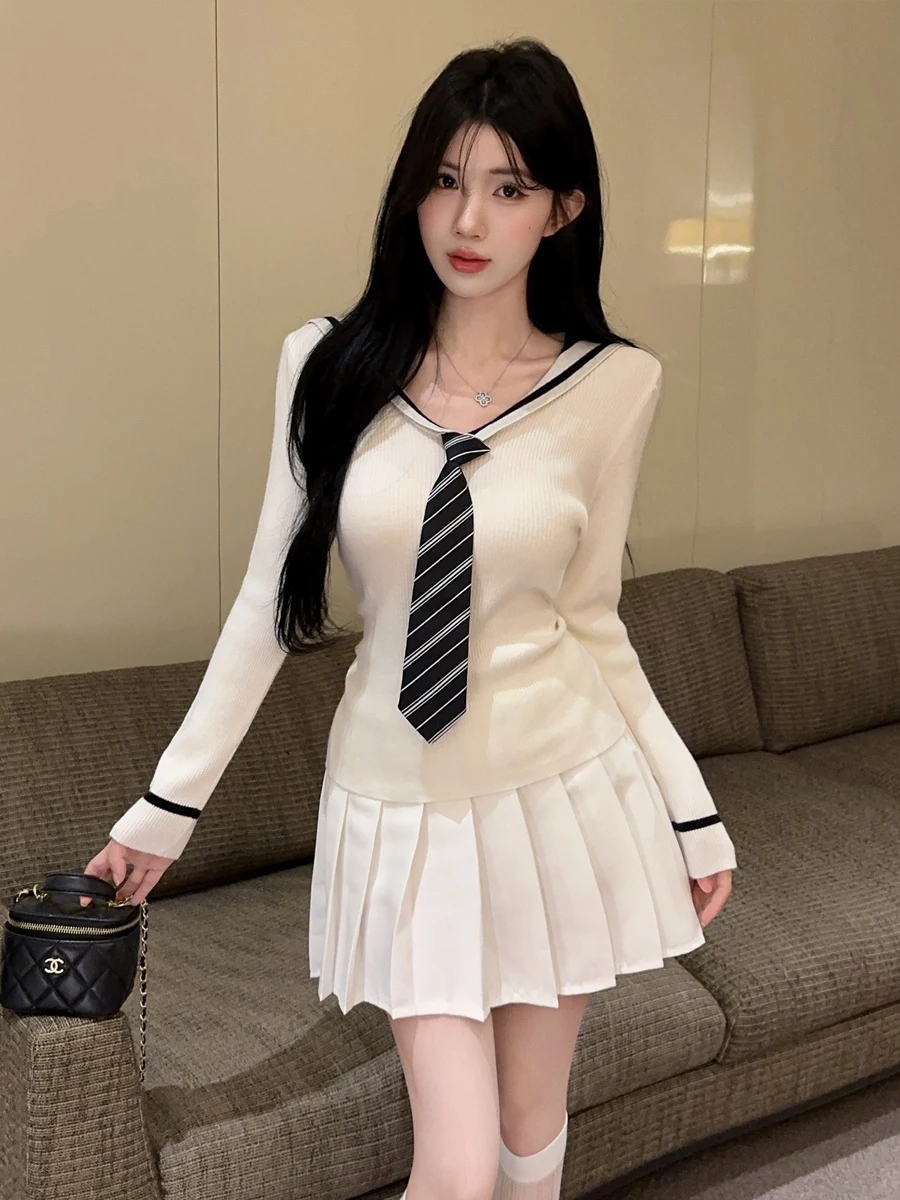 Slim Fit Knit Top And Half Skirt Color Block Navy Collar Fashion Set Korean College Style Casual Wear for Women in Autumn Spring