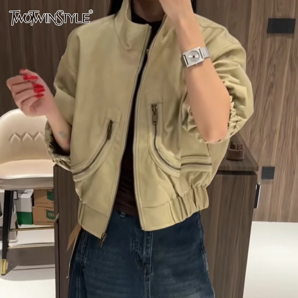 

TWOTWINSTYLE Khakl Spliced Zipper Basics Jacket Female Stand Collar Long Sleeve Office Lady Women's Jackets Autumn Fashion New