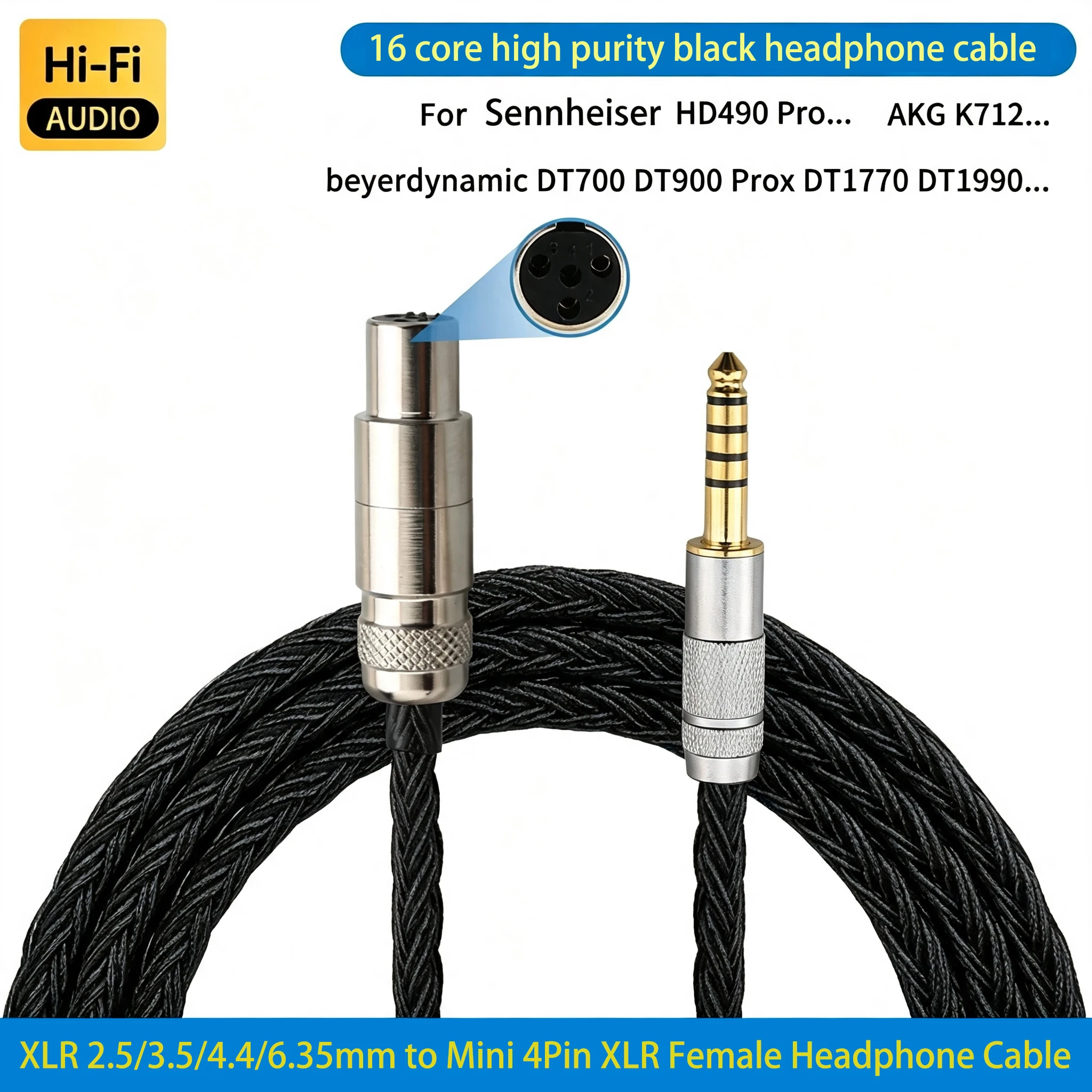 2.5/3.5/4.4mm to mini XLR 4pin Female Headphone Cable For Sennheiser HD490 Pro AKG K712 Beyerdynamic DT700 DT900 Prox DT1770