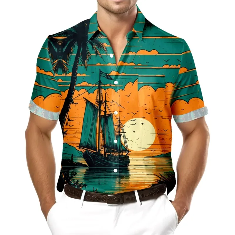 

Hawaiian Sailboat Print Chest Pocket Polyester Shirt Casual Daily Beach Short Sleeve Shirt Clothing Tops For Men