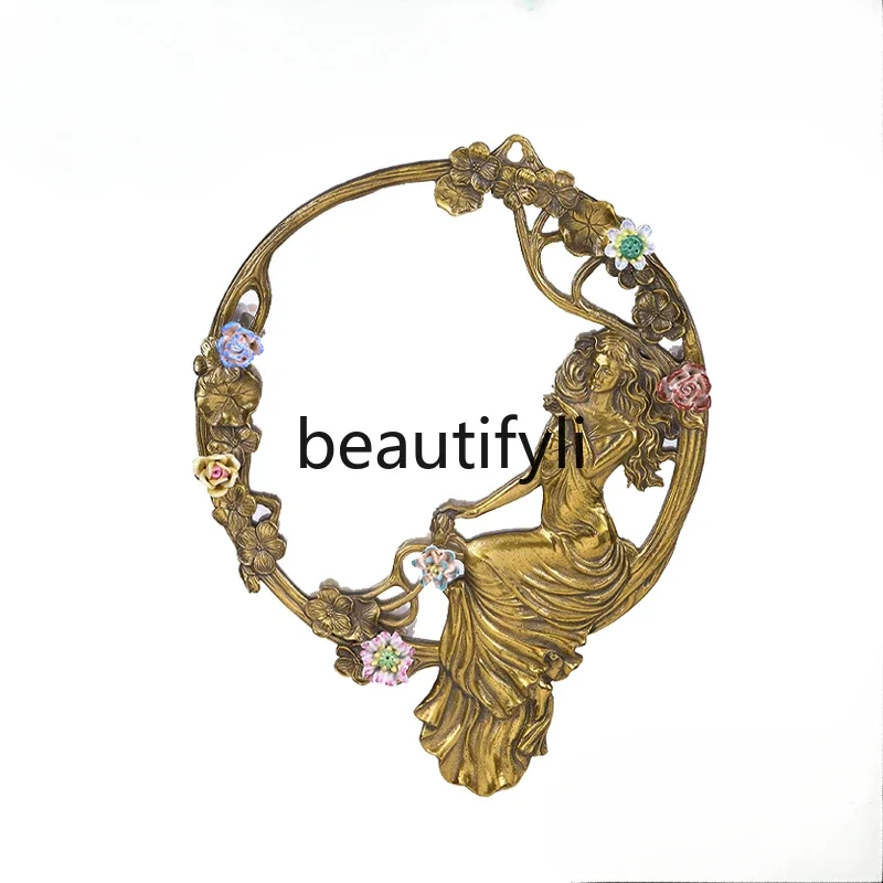 European-style all-copper flower and bird decorative mirror heavy metal hollow engraving retro entrance mirror dressing mirror