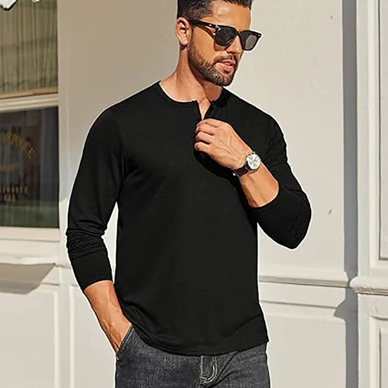 Herbst Herren Langarm Henley Shirts Baumwolle 3-Taste Frühling Casual T-Shirts Einfarbig Weiche Basic Tops Tees