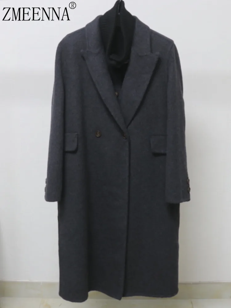 

ZMEENNA элегантное женское длинное пальто из смесовой шерсти, стильная и теплая двубортная верхняя одежда, куртка с воротником с лацканами ZM3860