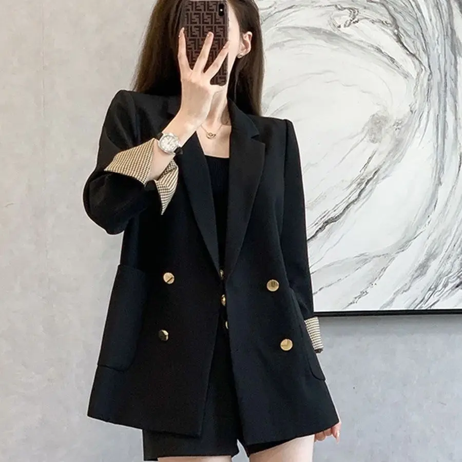 Spring 2024 New Women\'s Blazer Vintage Loose Long Sleeve Coat British Style Double-breasted Black Sleeve Suit Jacket