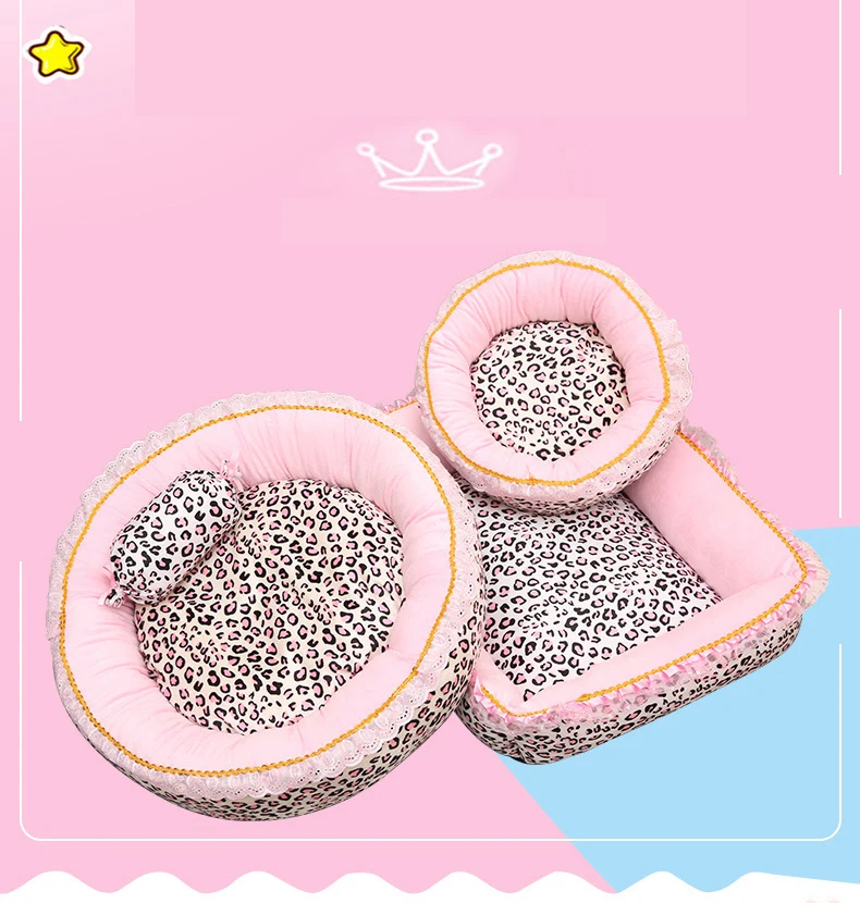 Korea Style Princess Dog Cat Bed Pink Leopard Pet House Sleeping Bag Dog Bed With Pillow Puppy Cushion Kennel Sofa Cama Perro