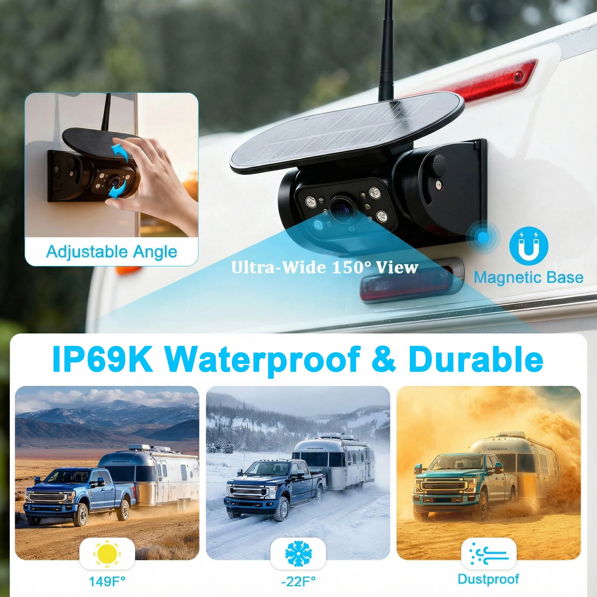 2026 Solar WiFi Backup Reverse Camera with BSD Blind Spot Detection DVR Recorder for iOS Android Truck RV Camper Trailer