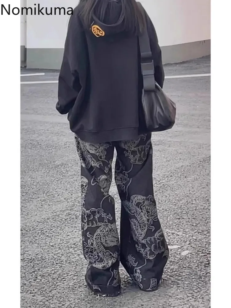 Dżinsy w stylu Harajuku kobiety nadruk ze smokiem wysokie w talii proste spodnie Y2k z szerokimi nogawkami Pantalon Femme Casual modne Hip-hopowe spodnie jeansowe