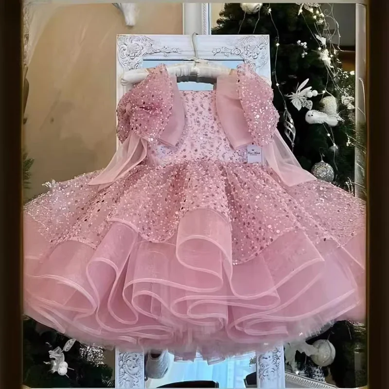 

2025 Children Princess Dress Sequin Elegant Outfit Formal Occasion Clothes Matching One Girls Luxury Bow Clothes Year Old Baby