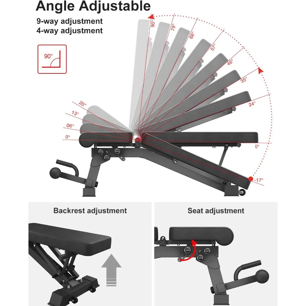 1000 LB Weight Bench Heavy Capacity | 9-4-4 Almost 90° Adjustable Incline Decline Exercise Bench Press