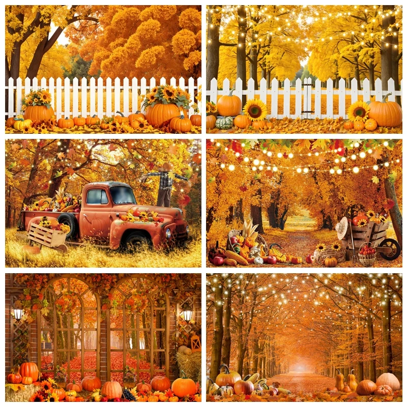 

Autumn Party Photography Backdrop Harvested Fall Hay Blocks Maple Leaves Window Barn Door Pumpkin Baby Shower Photo Background