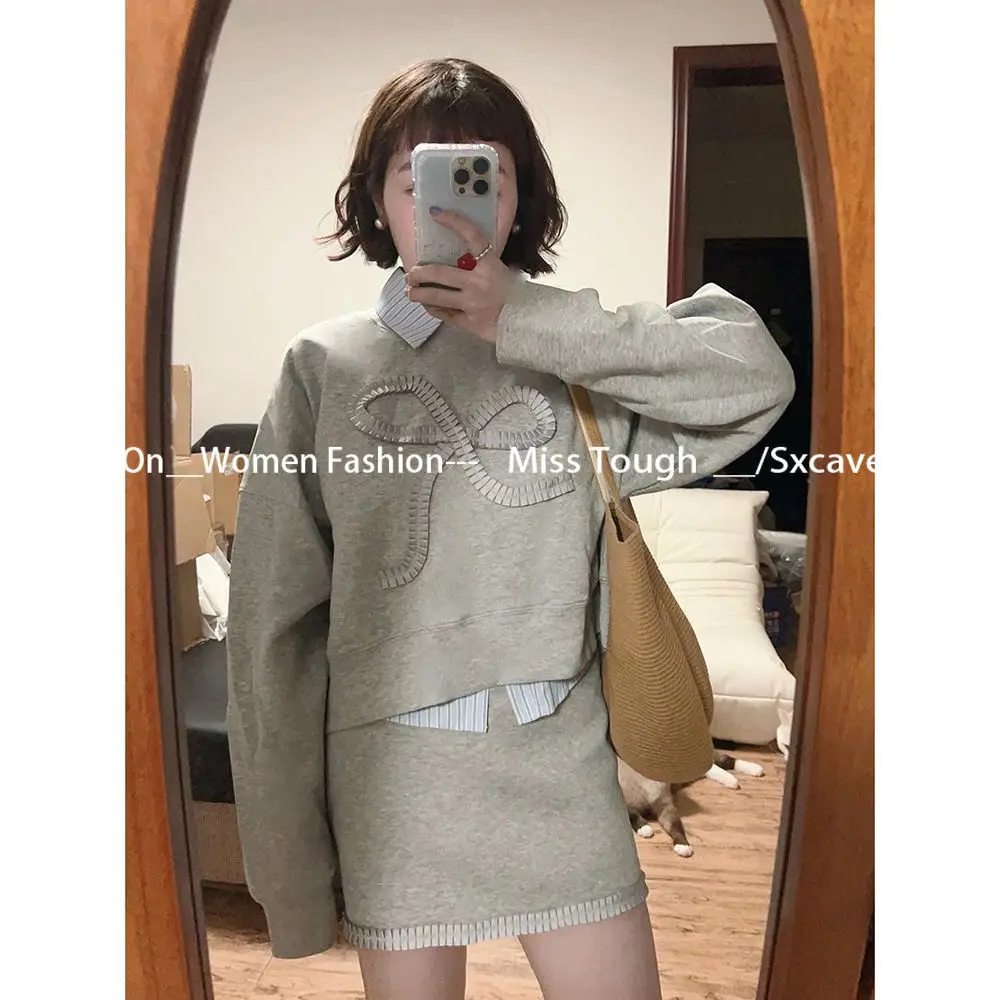 Korean Fashion 2 Piece Skirts Sets Women Casual Y2k Sweatshirts Pullover + Mini Skirts Vintage Suits Chic Outwear Autumn Bow