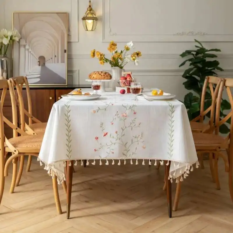 

Nordic Cotton Linen Fabric Tablecloth Embroidered Dining Table Cloth Waterproof and Oil Proof Tea Table Cloth Rectangular Tassel