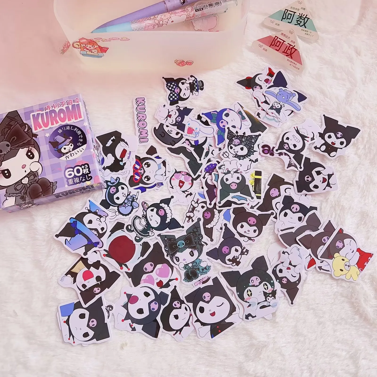 60PCS Japanese Cute Pet Sanrio Sticker Kawaii Cartoon Kuromi Melody HelloKitty Cinnamoroll DIY Stickers Gift Box Packaging