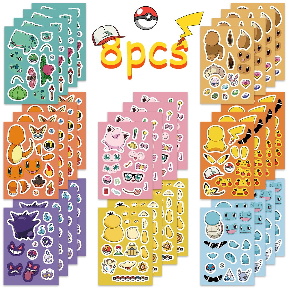 8/16Sheets Pokemon Pikachu Funny Cute Children DIY Puzzle Gengar Sticker Face Anime Assemble Stickers Kids Game Toy Girl Gift