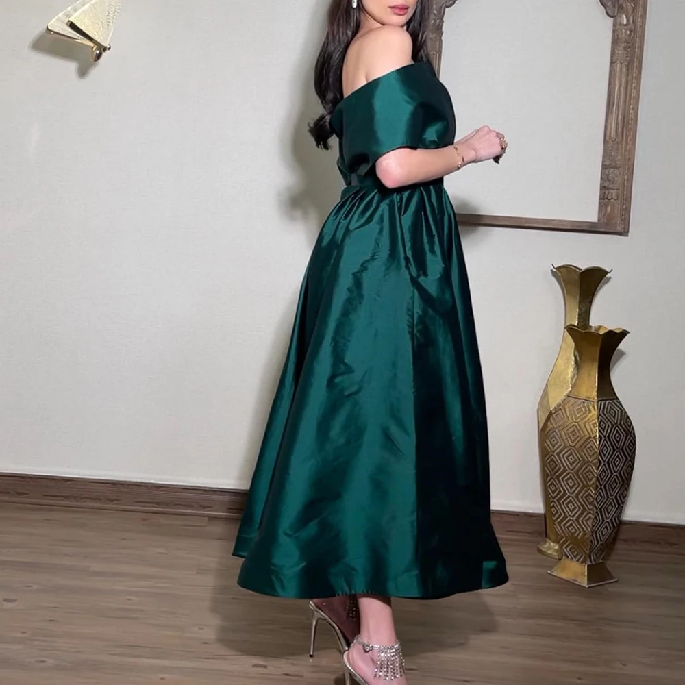 Temperament Pleats Off the Shoulder Half Sleeves Evening Dresses Formal A-Line Ankle Length Satin Green Party Gowns فساتين سهرة