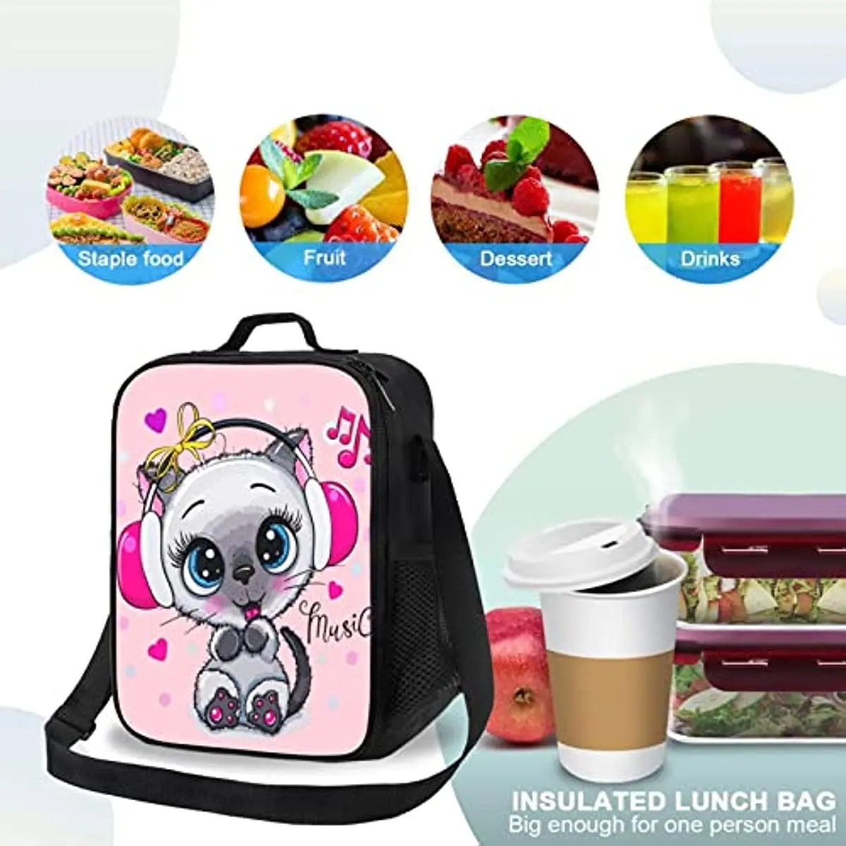 Insulated Lunch Bag for Girls Women Pink Cute Cat Lunch Bag with Shoulder Strap School Bento Lunch Box for Kids Toddlers Teens