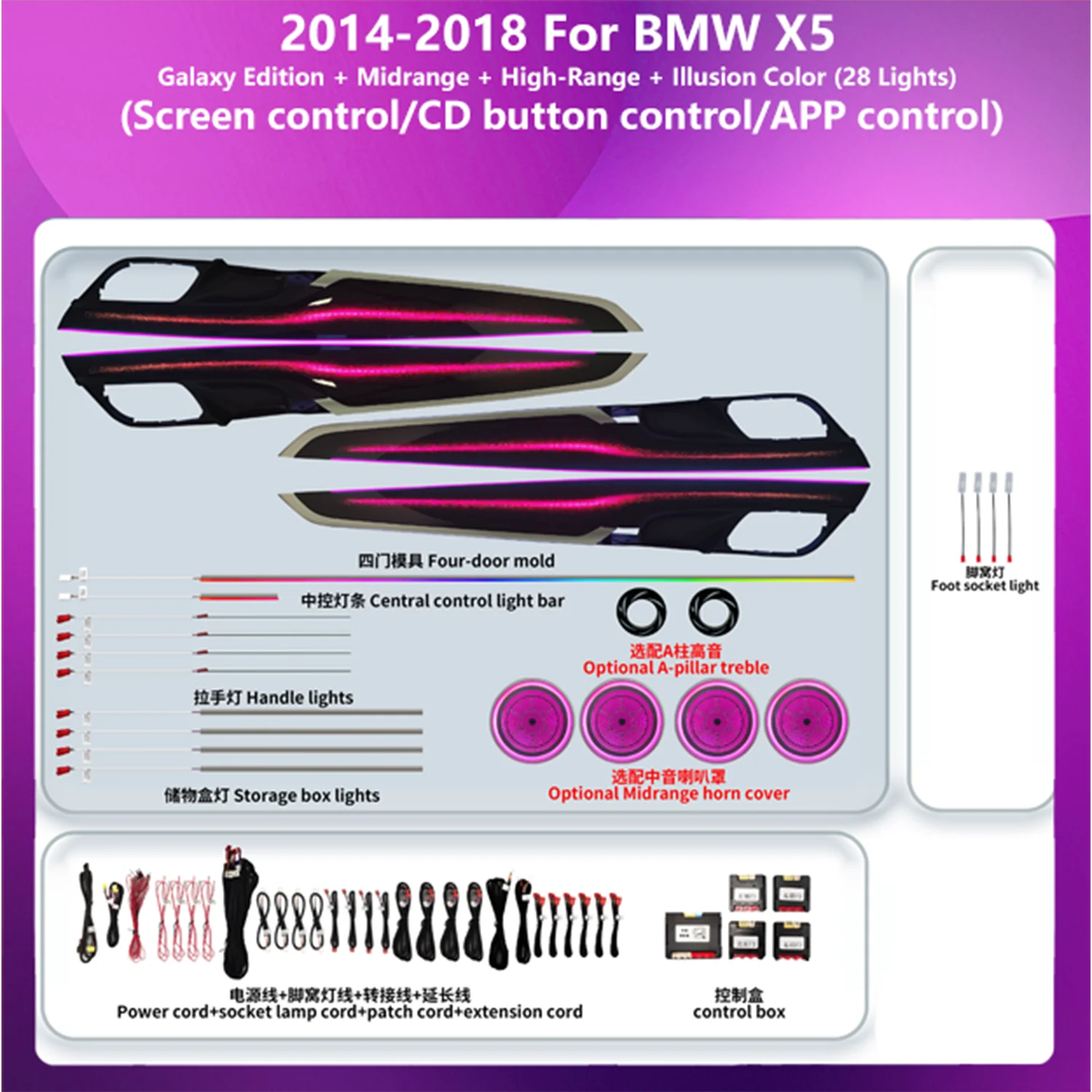 

Dynamic Color Changing LED Car Interior Ambient Light Integrated All-in-One Upgrade Galaxy Kit Designed for BMW X5 F15 F85