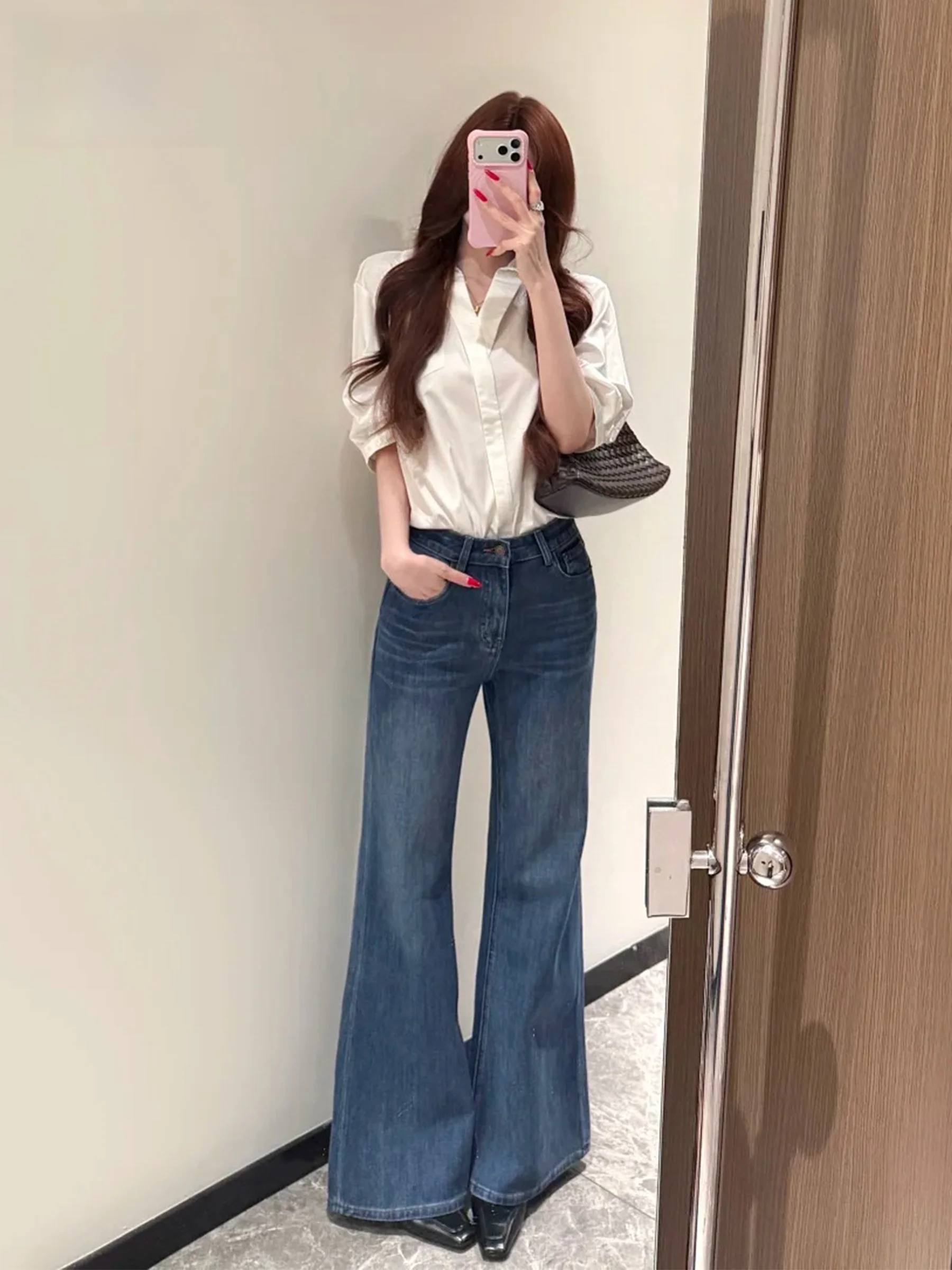 

Retro Washed American Style Bell Bottom Jeans Women's Loose Slimming High Waist Casual Spring Summer Light Blue Denim Pants