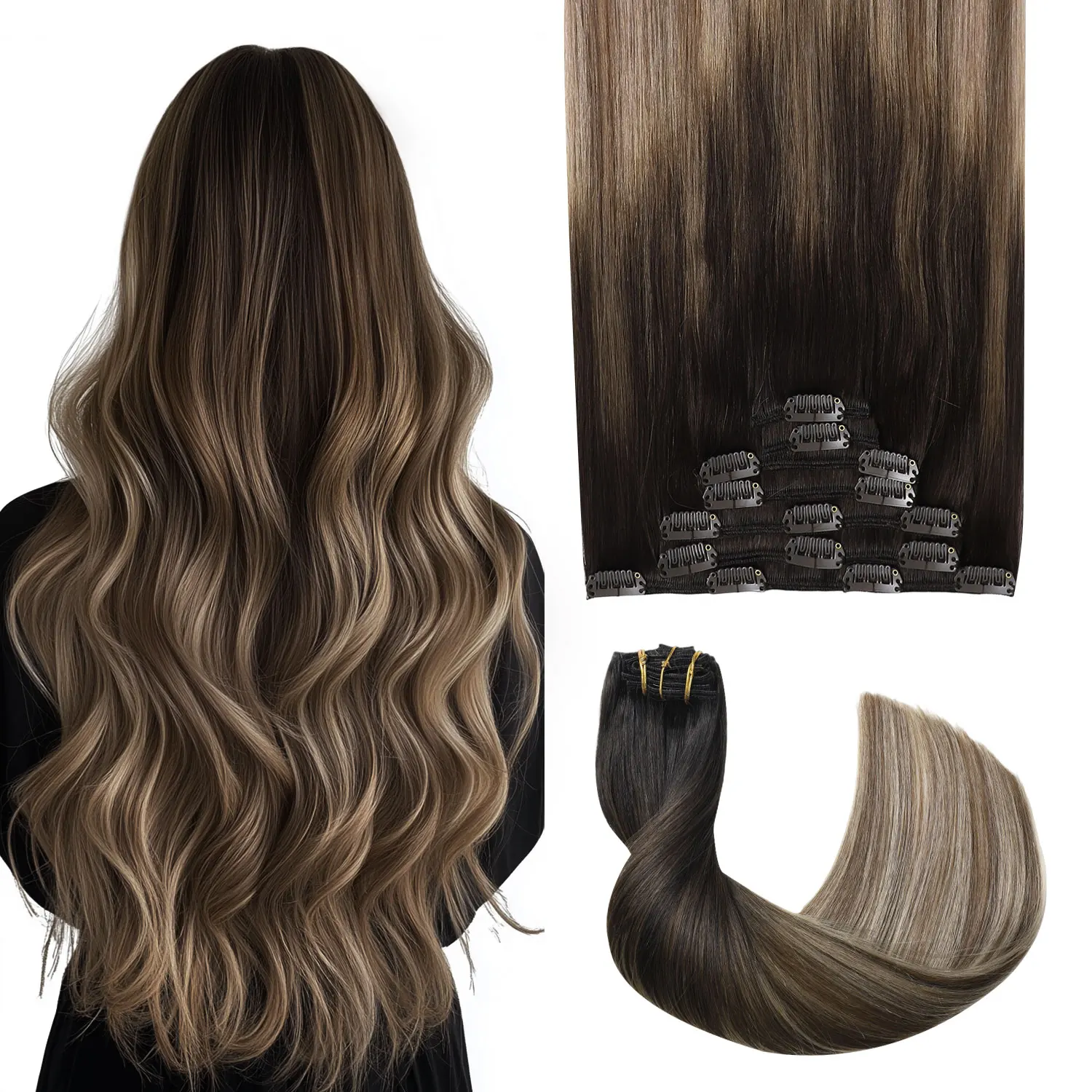 Image of Sweetmet Pro2.0 Clip in Extensions Echthaar 120g Dick 7 Stück #1B/4/27 Balayage Schwarz zu Braun mit Karamellblond Remy Echthaar Extensions Clip 35cm-55cm Nahtloser Doppelwebstoff für Frauen