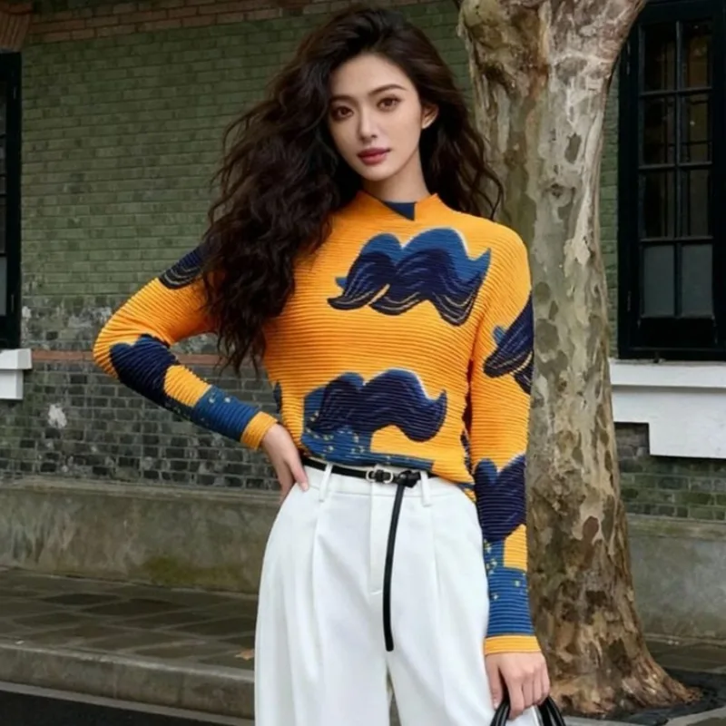 

Pleated Women's T-shirt Miyake 2026 New Long-sleeved Half-high Neck Printed Slim Pleated Bottoming Shirt Light Stretchy Tops