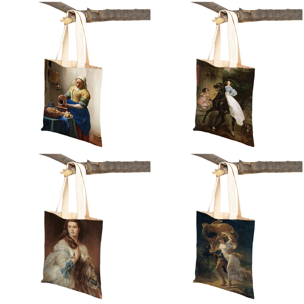 Retro Middle Oil Painting Woman Shopping Bags Vintage European Lady Tote Reusable Canvas Shopper Bag Girl Supermarket Handbag