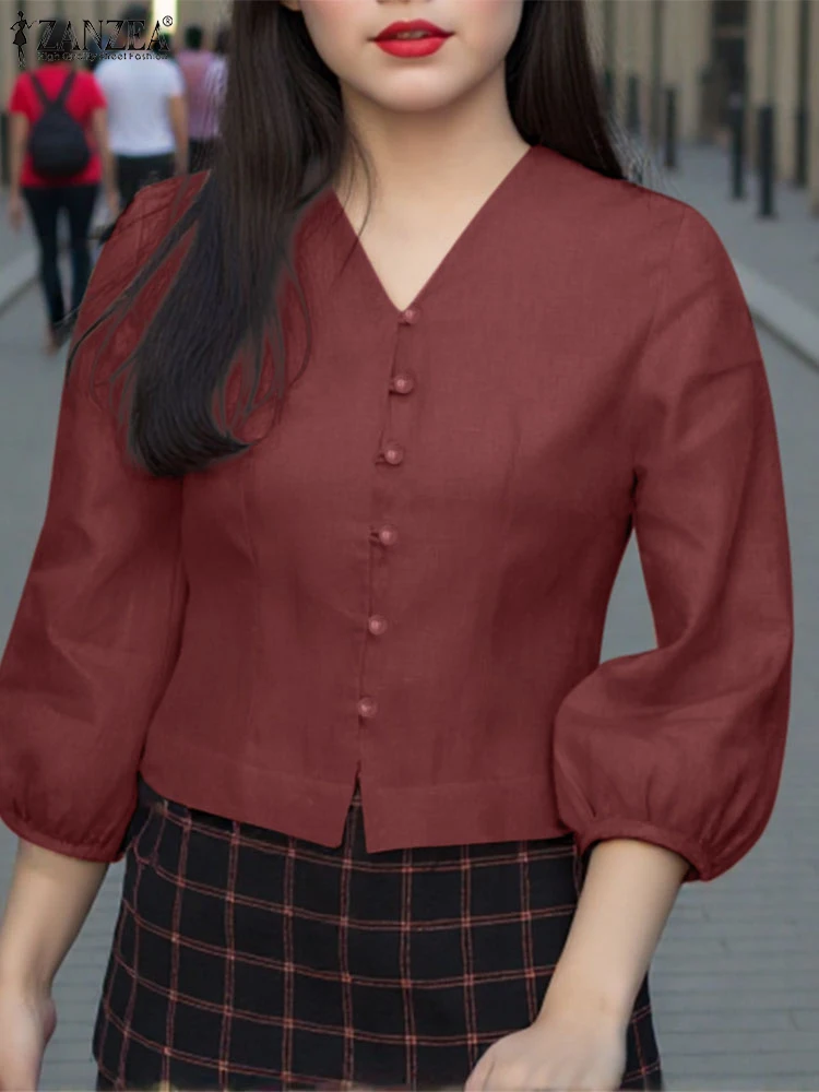 ZANZEA Women Shirts Casual Solid Color Blouse 2025 Female V-Neck 3/4 Lantern Sleeve Tops Vintage Style Buttons Blusas