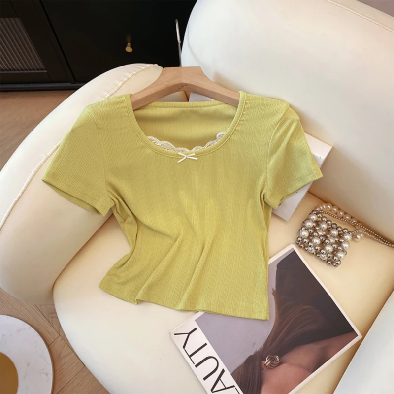 een faux deux pièces ort Sve T-irt femme coupe ajustée petite taille col carré Ele ort oulder ow haut mince