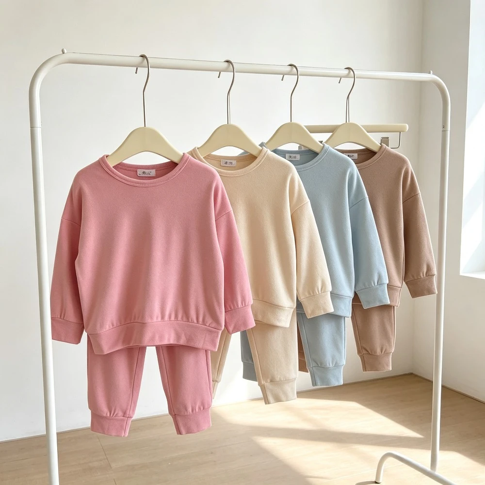 Kids Thermal 2-Piece Outfit Crew Neck Long Sleeve Top Pants Soft Brushed Loungewear Boys Girls Autumn Winter Casual Tracksuit 4