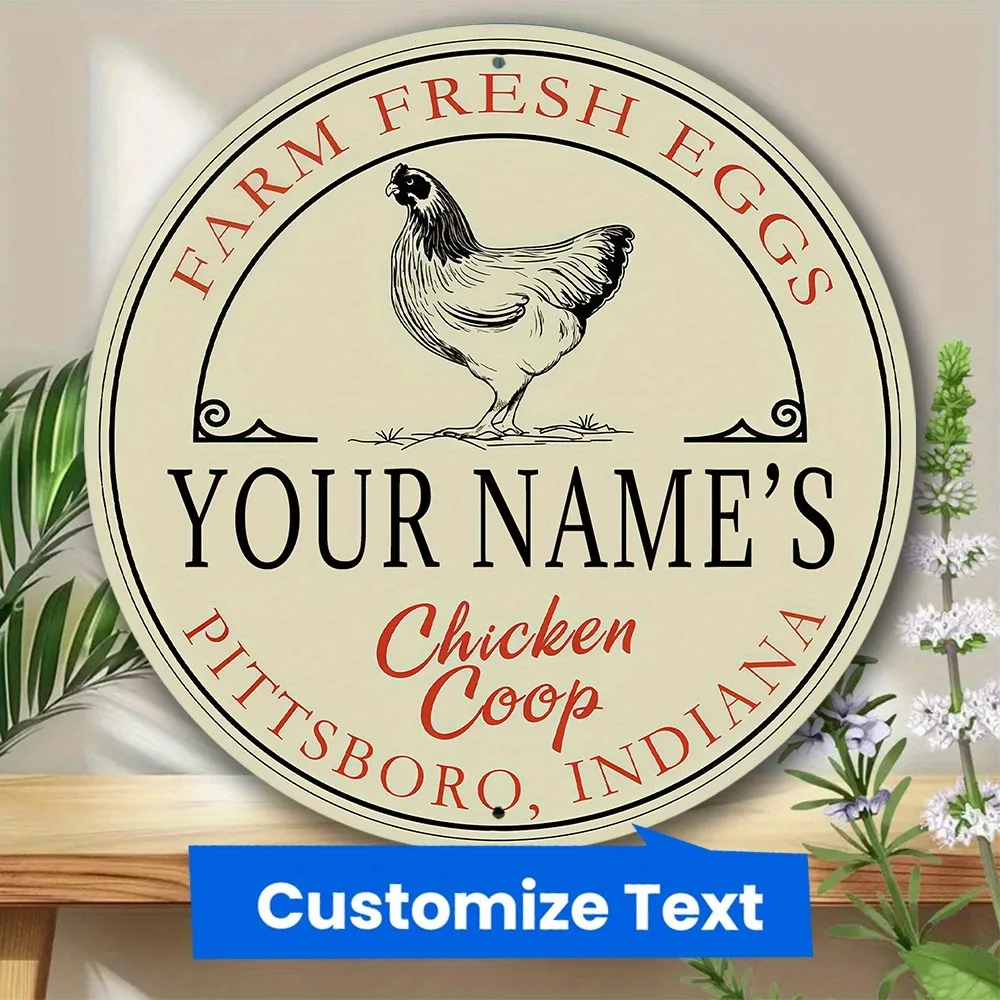 [2D Flat] 1pc Personalized Vintage Hen Pattern Farm Chicken Coop Round Metal Decor Plaque (Only For Decoration)