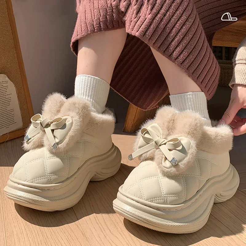 Encantadoras Botas de Nieve de Pelo Suave para Mujer, Punta Redonda, Plataforma Gruesa, Botines de Invierno, Botas Largas de Felpa Cálida con Forro de Algodón.