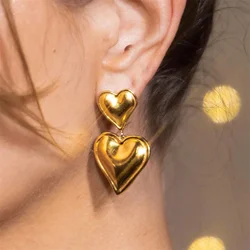 Trendy Big Double Heart Drop Earrings For Women Gold Plated Metal Love New Creative Earrings Jewelry Accessories Party Gift 2024