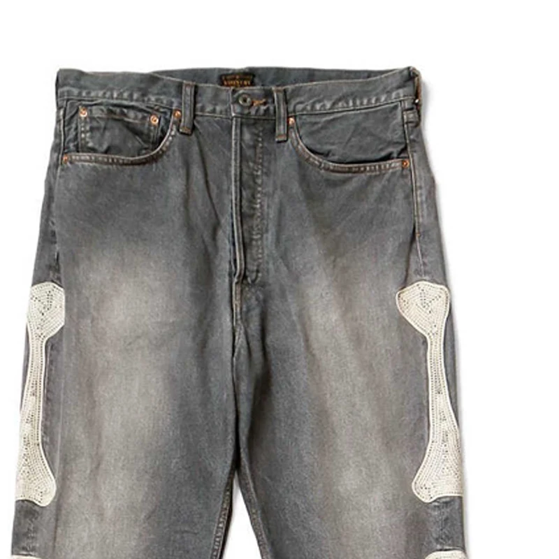 High Quality KAPITAL Hirata Kazuhiro Bone Skeleton Embroidered Pattern Casual Jeans for Men