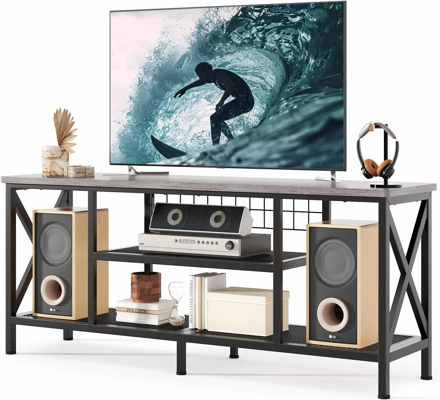 

Tv Stand For 55-65 H Tvs, 3-Tier Industrial Media Entertainment Center With Open Shelves, Metal Frame, 59.8'' Solid Wood Table