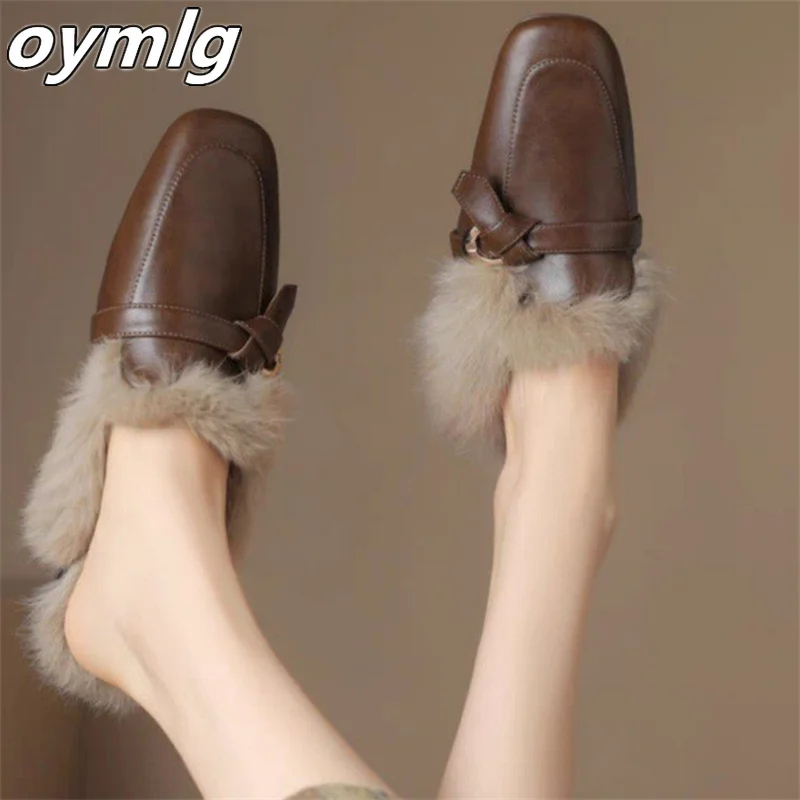 Black hairy slippers for women 2024 new women's shoes, flat bottomed M ü ller shoes, half drag, one foot kick, hairy shoes