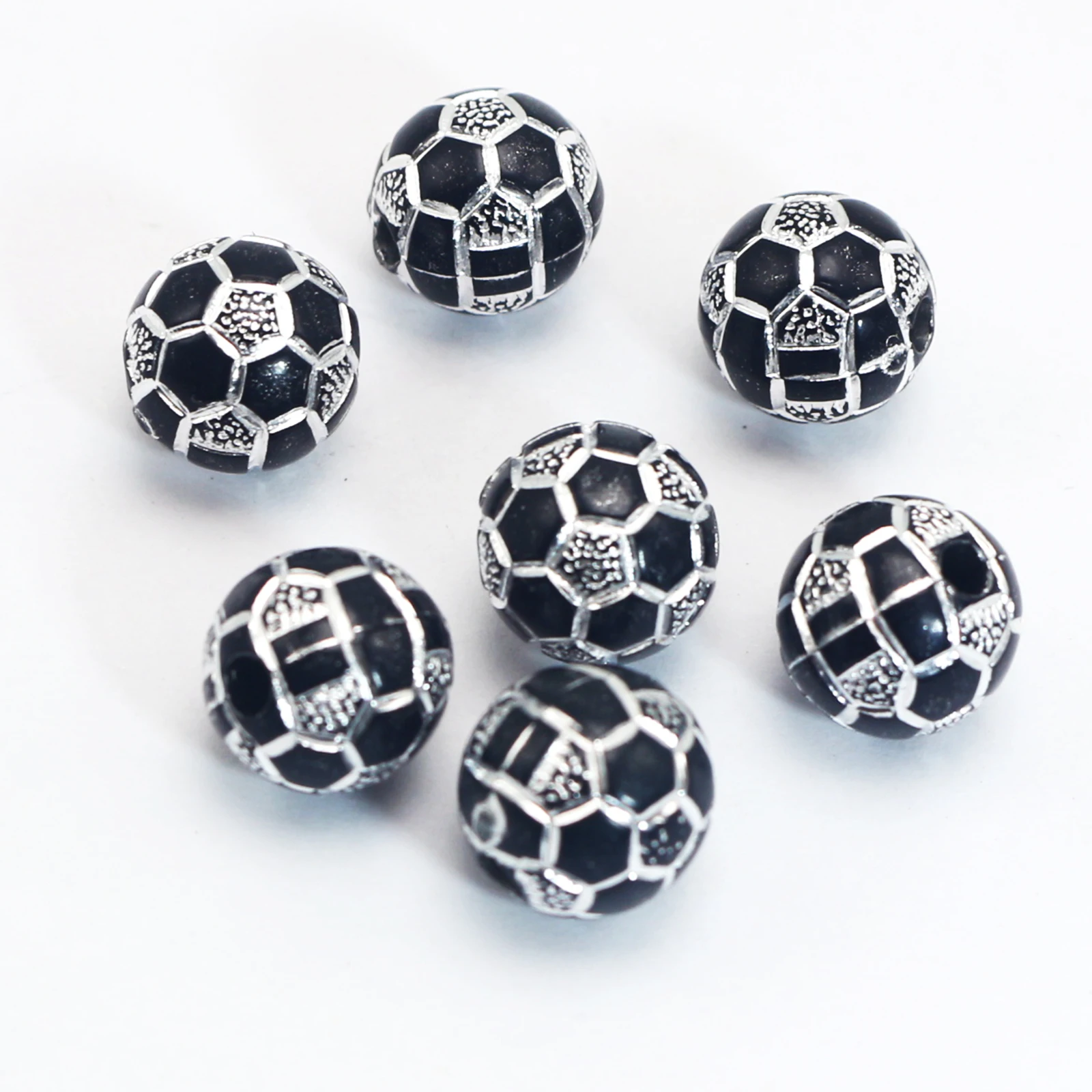 100 Black Sparkling Football Soccer Pattern Acrylic Round Beads 10mm