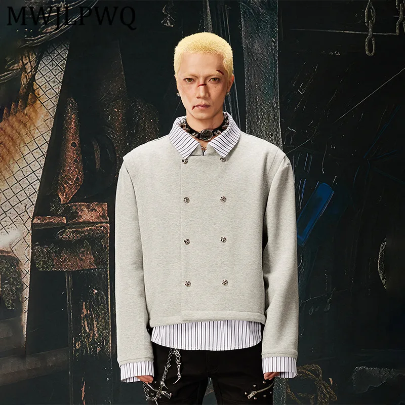 

MWJLPWQ New Street Fake Two-Piece Jacket Men's Patchwork Deconstructed Double-Breasted Loose Short Unisex Casual Tops 13336