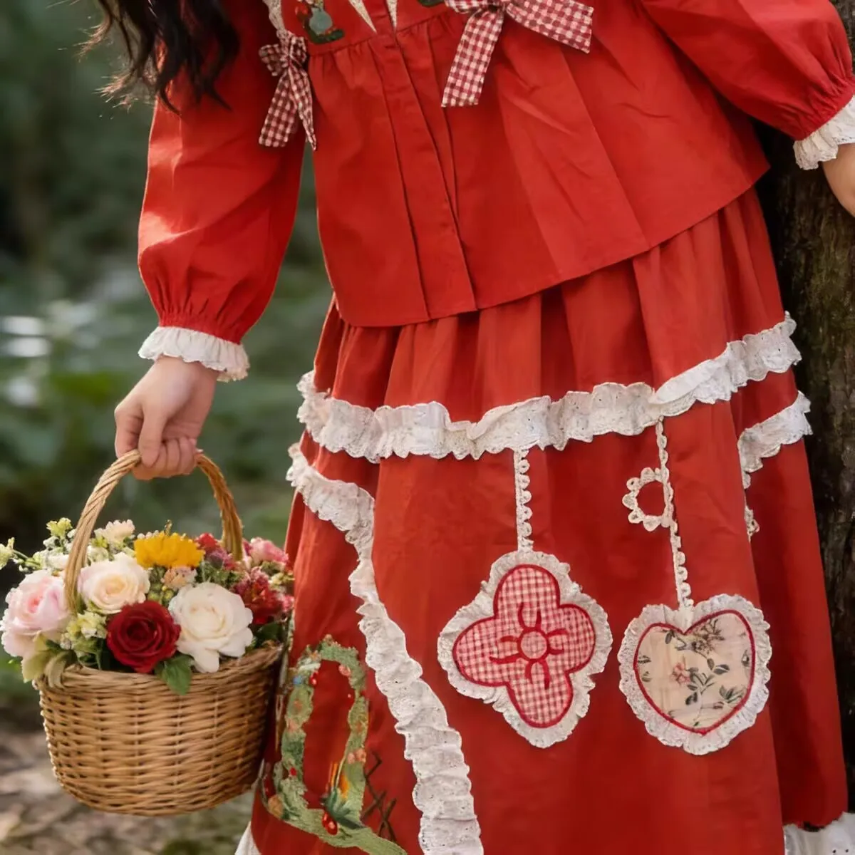 

Весенняя женская винтажная хлопковая кружевная кавайная милая юбка-миди с рюшами Mori Girl Lolita, корейская милая длинная юбка Goblincore