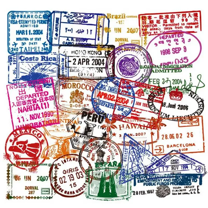 

Travel Immigration Postmark Stickers 50 Pcs Suitcase Stickers Pack Waterproof Decals for Water Bottle Laptops Ipad Cars Luggages