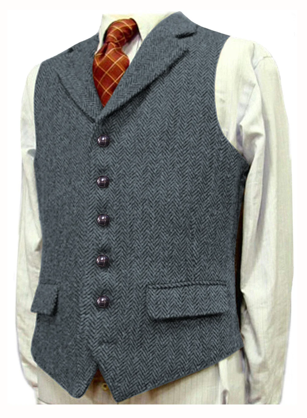 

Herringbone Men's Vests V Neck Boutique Herringbone Wool Tweed Slim Fit Waistcoat Casual Formal Business Groomman for Wedding