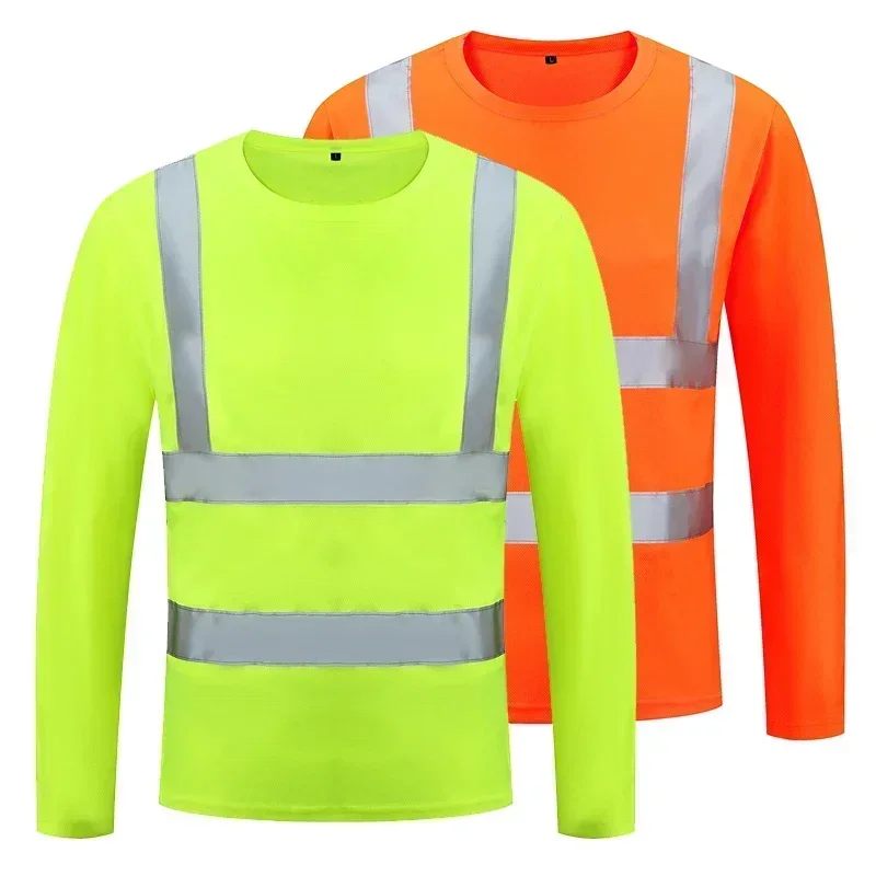 Fluorescent High Visibility T-Shirts Men Reflective Work Safety Shirts Quick Dry Long Sleeve Hi Vis Tops Construction Workwear