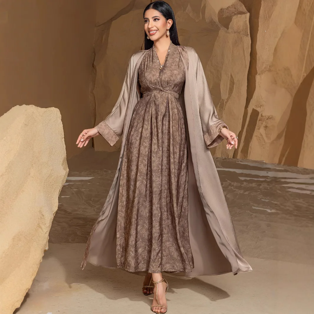 Middle East Muslim New Fashion Women's Khaki Casual Trendy Elegant Loose 2 Piece Sets Long Sleeve Cardigan Abaya Dresses Female