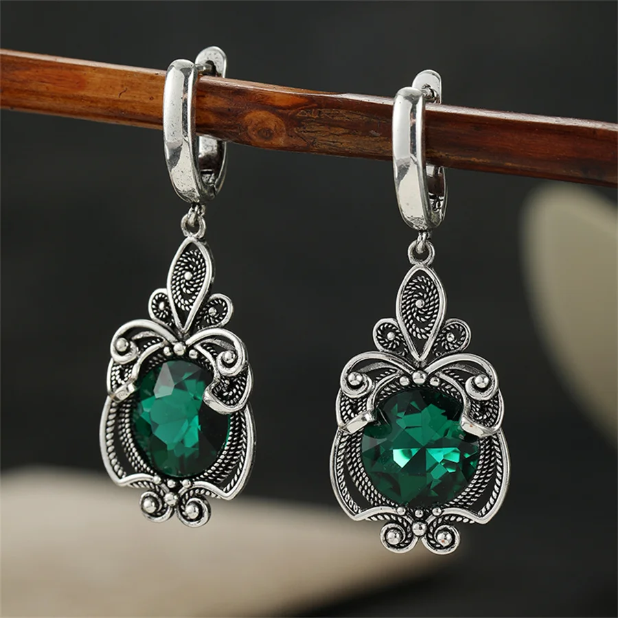 Vintage Inlaid Green CZ Dangle Women's Earrings Trendy Silvery Color Hand Carving Daily Wear Party Jewelry Anniversary Gift